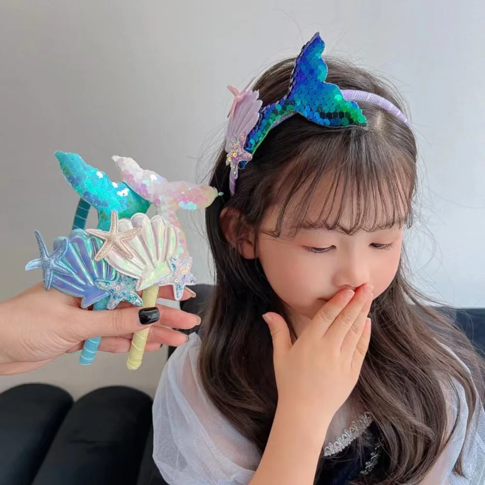 Fashion Cartoon Mermaid Children Headband Cute Princess Laser Sequin Hairband Starfish Shell Funny Headwear Wash Face