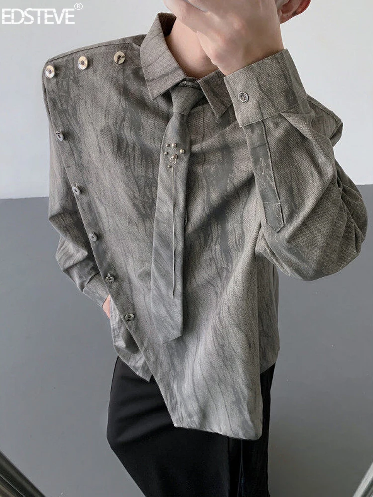 2025 Spring and Autumn New Men's Retro Style Gray Gradient Design Asymmetrical Placket Padded Shoulder Self-tie Shirt