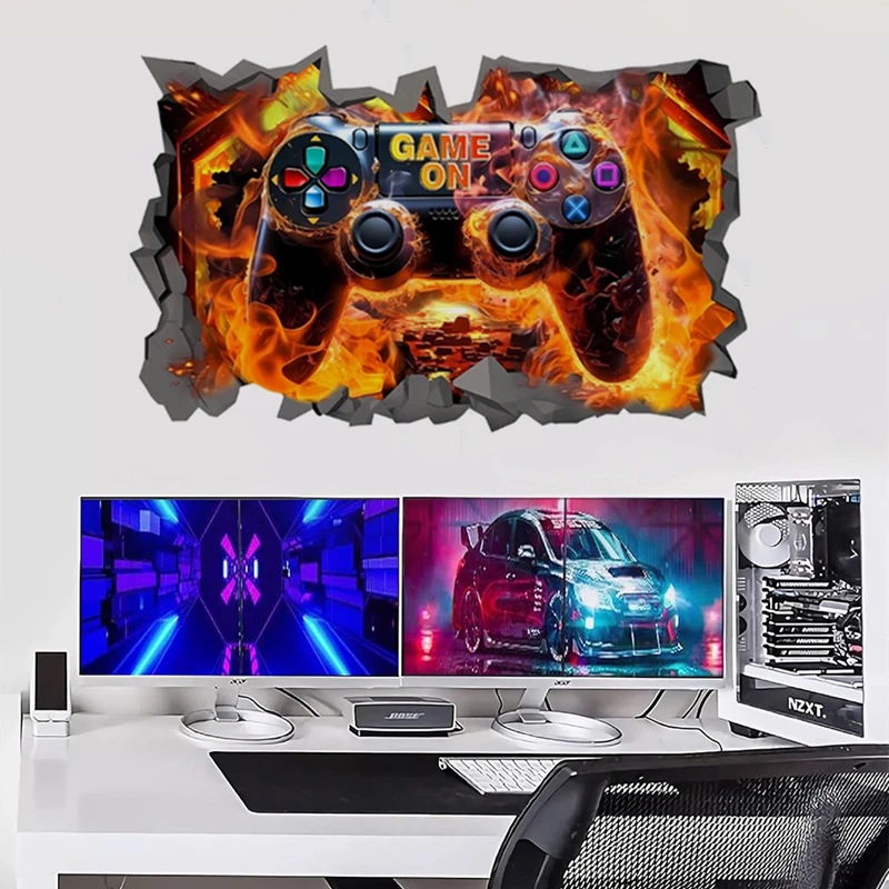 Geometric Space Gaming Mural Glow Gamepad 3D Vinyl Wall Stickers for Home Kids Bedroom Gamer Room Decorations Sci-fi Game Poster