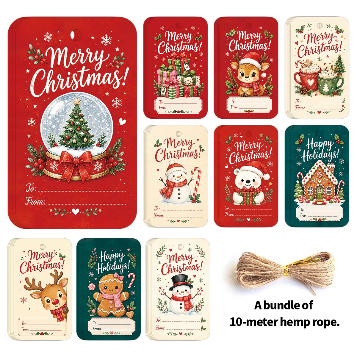 50 étiquettes de Noël avec ficelle de chanvre, étiquettes avec inscription "Joyeux Noël" pour emballer des cadeaux, cadeaux de fête, création de cartes de célébration