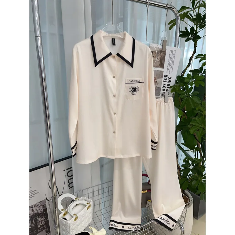 Elegant Camellia Collection Herringbone Ice Silk Women\'s Pyjamas Comfortable High Quality Satin Two-piece Pajamas Sets