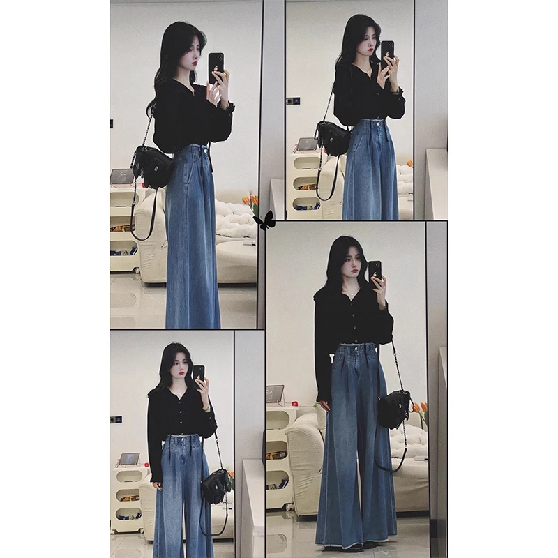 Setelan Dua Potong Pakaian Wanita Musim Gugur, Atasan Korea Model Lengan Panjang dan Celana Jeans Kaki Lebar, Gaya Elegan Kasual