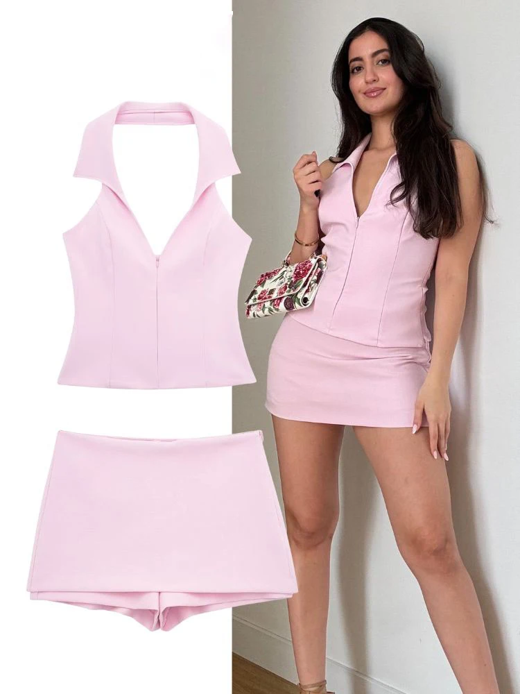 HH 2024 Women Sexy Pink Camis Top Shorts Set Summer Fashion Halter Neck Backless Top+Sweet Pink Short Pant Lady Suit