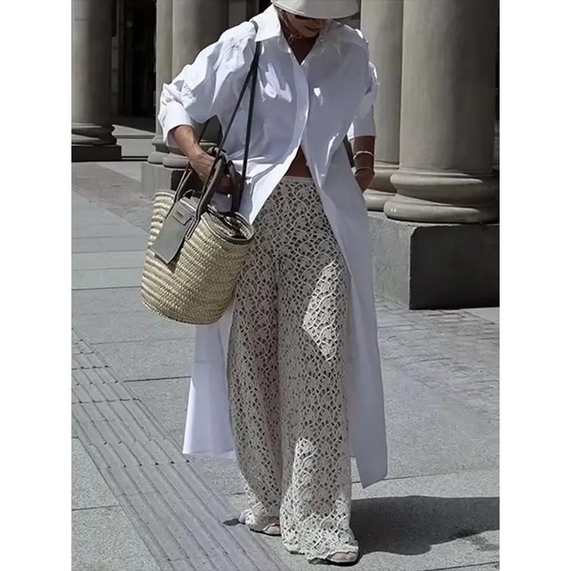 Women Oversized White Maxi Dress Lapel Long Sleeves Open Front Button Down Loose Long Shirt Dress Beach Cover Up Casual Tunic