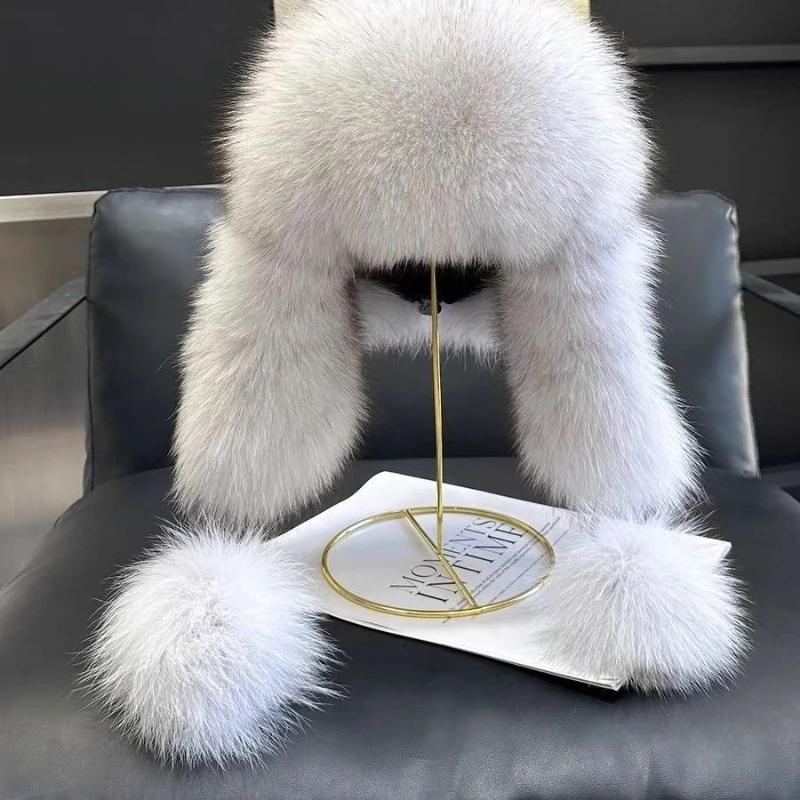Damen Winter Kunstfuchs-Pelz Trapper-Mütze, Warme Plüsch-Weiche Flauschige Uschanka mit Ohrenschützern für Kaltes Wetter im Freien – Detail 1