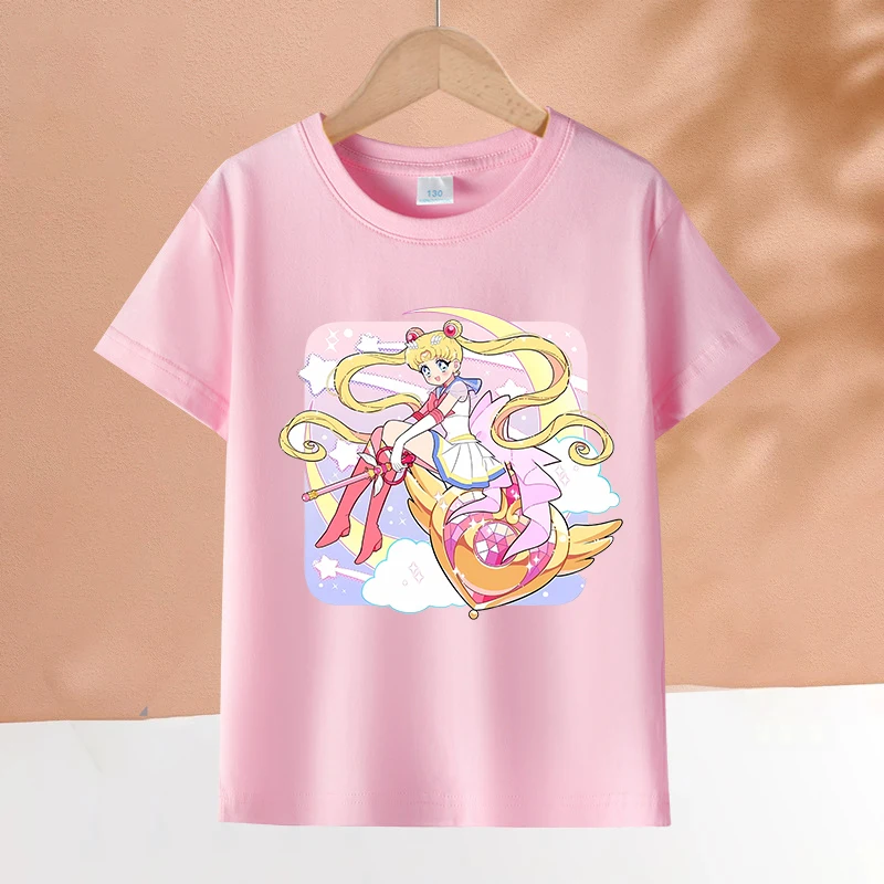 Children Short Sleeve T Shirts Sailor Mooned Cartoon Character Print Polyester Tops Girls Kawaii Summer Casual Clothing Gifts