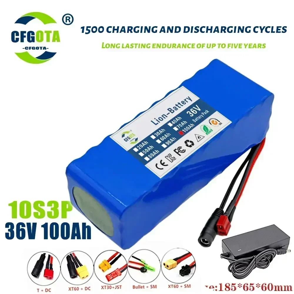 

36V 100Ah 18650 battery pack 10S3P 100000mAh built-in 15A BMS, 250W-500W scooter, electric bicycle battery + 42V 2a charger