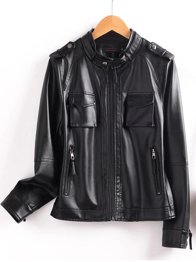 New Women Split Leather Jacket Spring Autumn Fashion Stand Collar Casual Biker Leather Coat Short Motorcycle Jacket Female