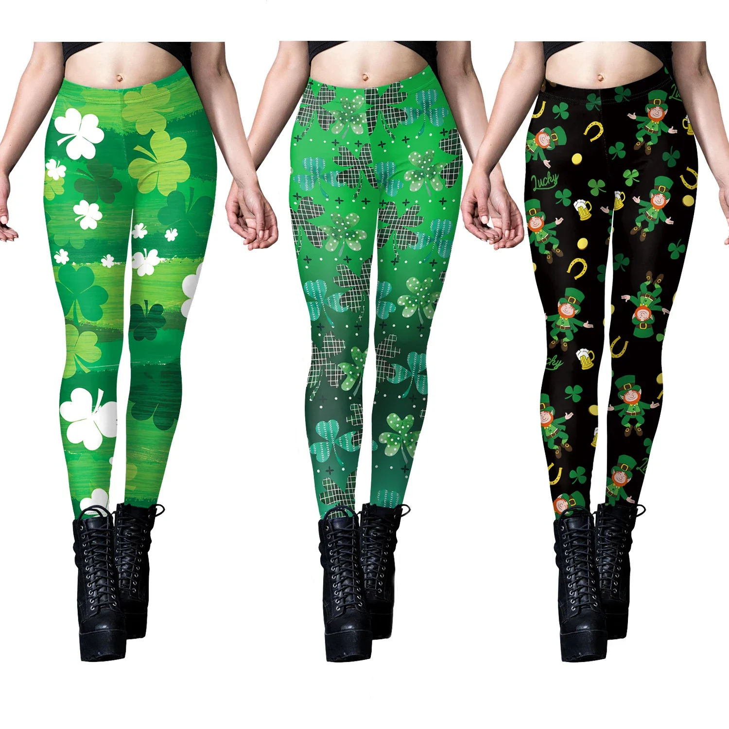 Teanoon Woman's Leggings Irish Shamrock St Patrick Day Party Pants Spandex High Waist Push Up Elastic Waist Trousers