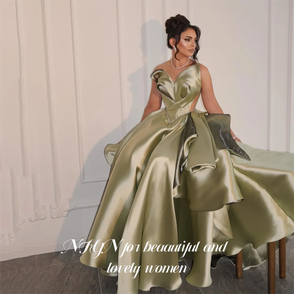 

NFYN Оливково-зеленое платье для выпускного вечера Атласное бальное платье без рукавов с вырезом и рюшами Свадебное платье для официальных мероприятий по индивидуальному заказу