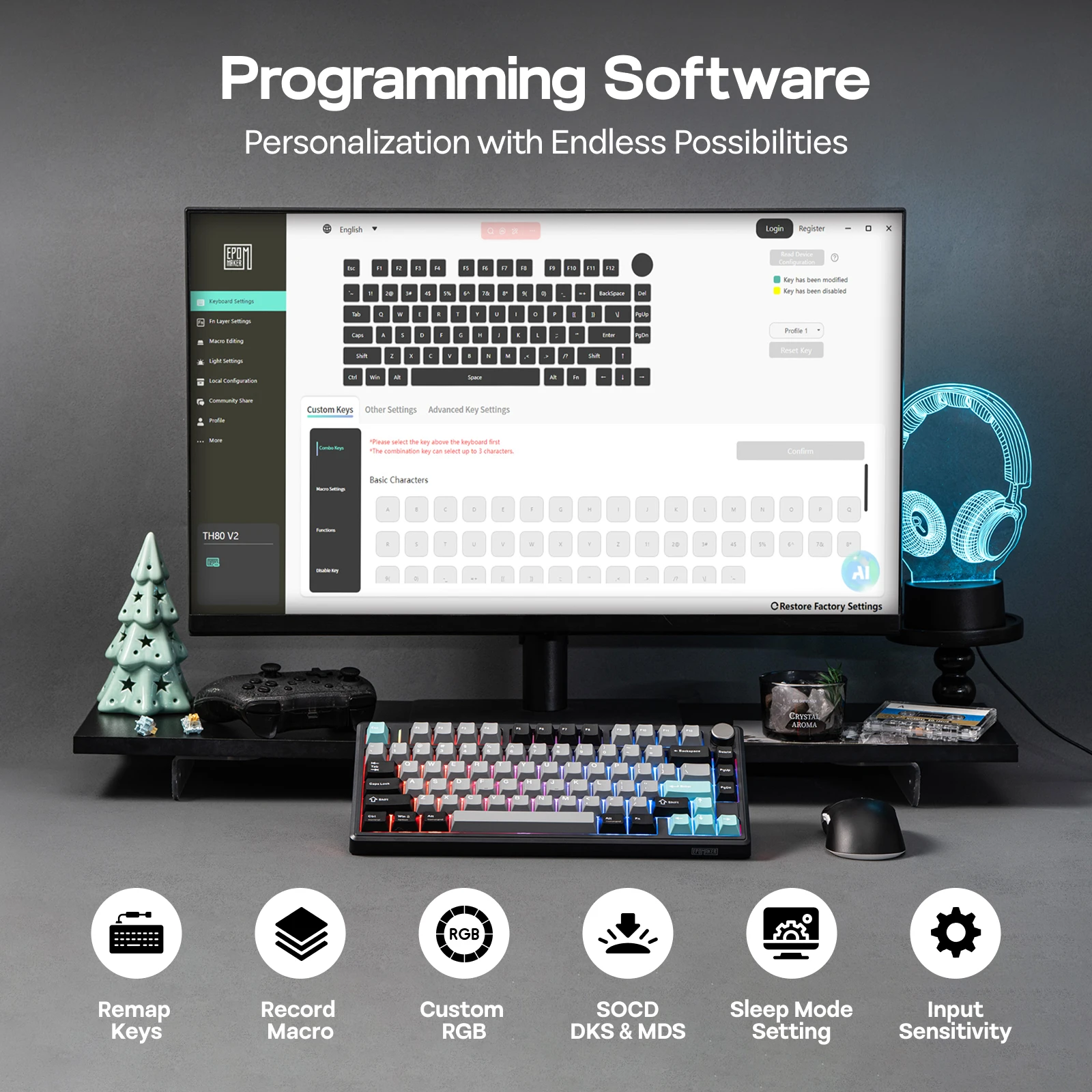 EPOMAKER TH80 V2 75% ANSI US 레이아웃 유선/블루투스/2.4Ghz 무선 기계식 게이밍 키보드 (프로그래밍 가능한 키 및 노브 포함)