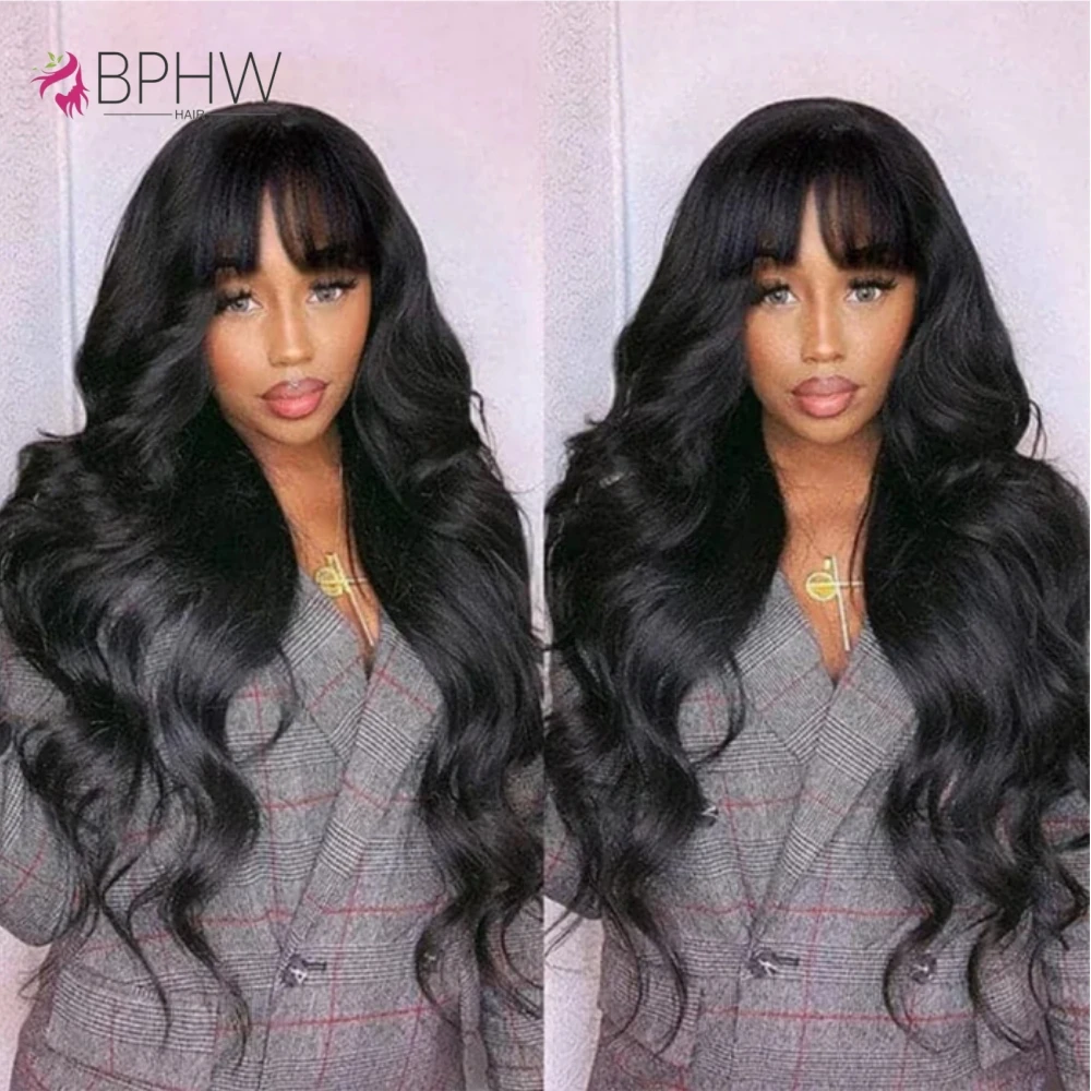 

Body Wave Human Hair Wigs With Bangs Glueless Wig Pre Plucked Cheap Hair Wigs On Sale Clearance Full Machine Made Wig With Bang