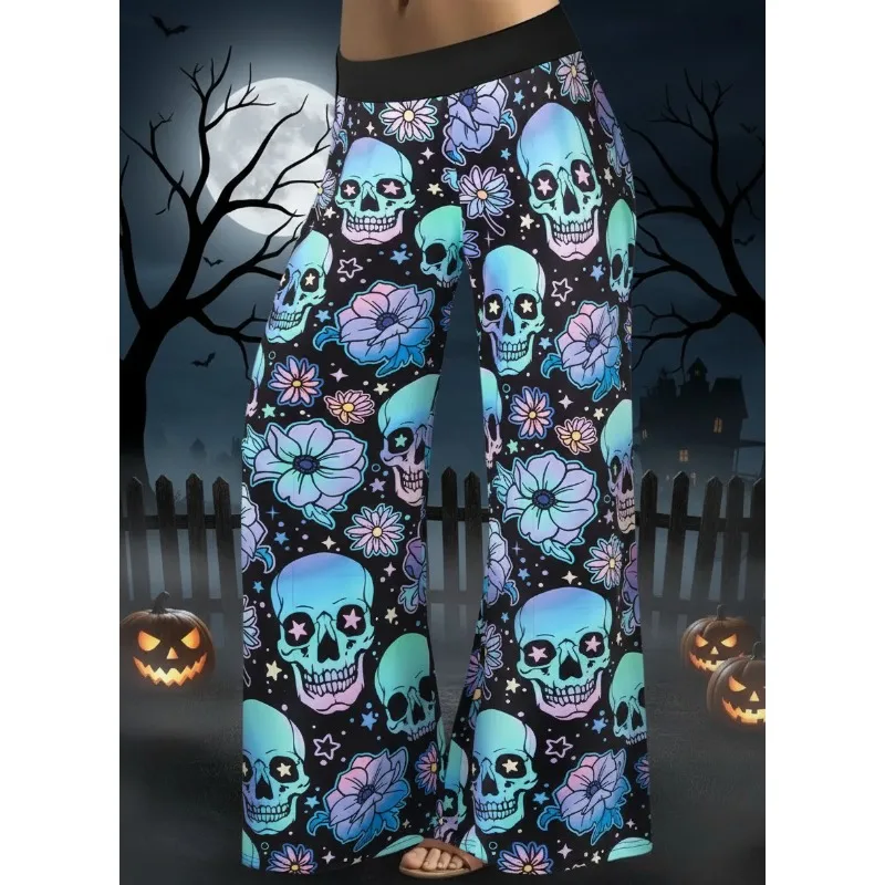 

Krisnanas Hallowmas Skull Flower Print Pants Woman 2025 Plus Size Elastic Waist Wide Leg Pant Casual Large Full-length Trousers
