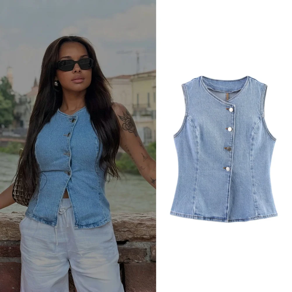 

2025 commuter slim fit temperament round neck sleeveless denim vest top summer new women's clothing