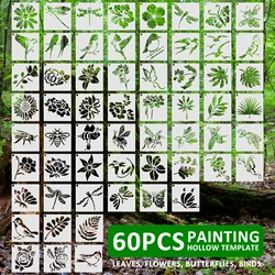 60 Pcs Plant Painting Template for Canvas Card Wood Drawing Stencils Botanical Birds and Insects Design DIY Painting Stencil Set