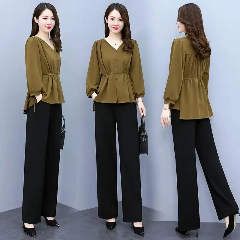 Ensemble de pantalons coréens pour femmes, col en V décontracté, plis à la taille, laçage, pantalons féminins minces, tenues solides, nouvelle mode, printemps, 2024, 2 pièces