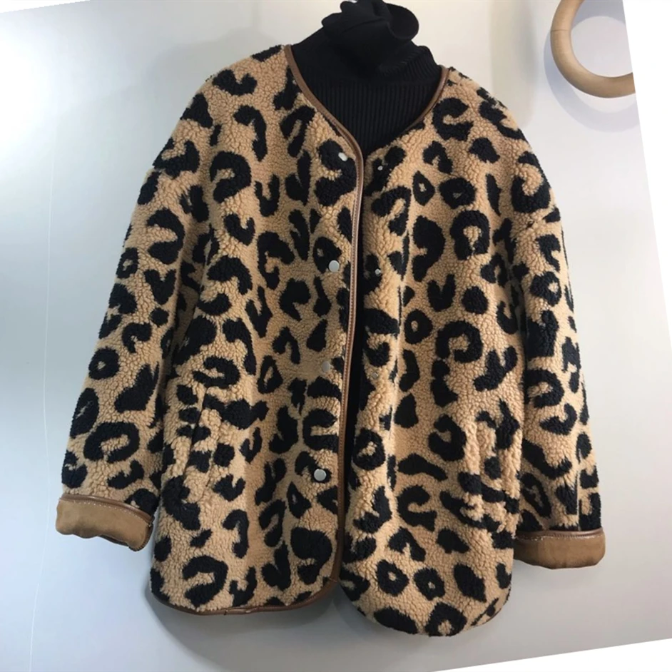 Vintage Brown Leopard Fur Integration Jacket Women Loose Button Up Oversized Coats Winter Clothes Korean Style Hot Girls Kawaii