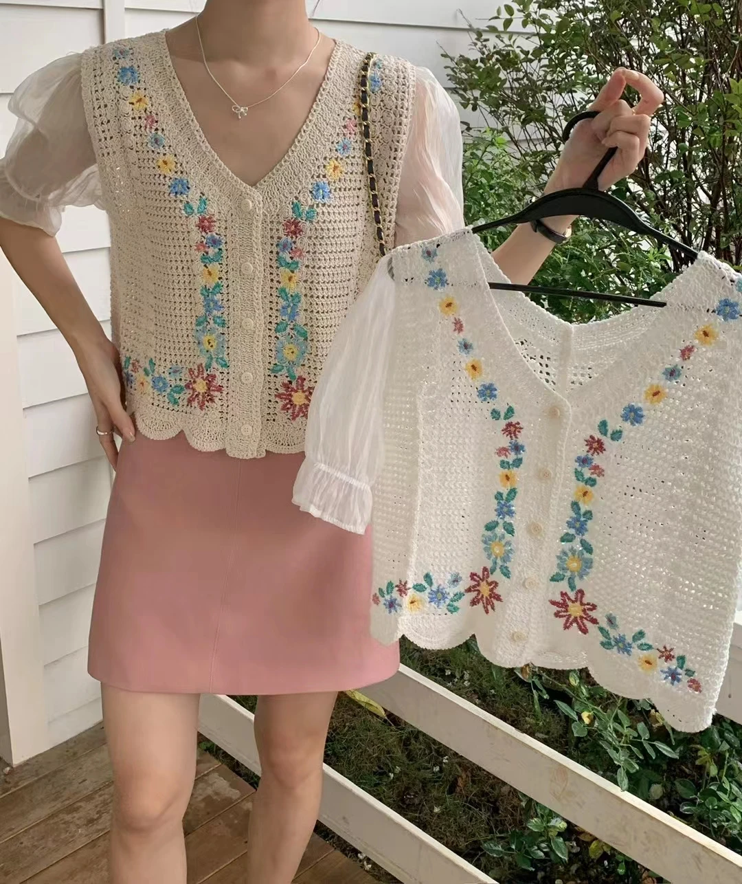 Women Crochet Knit Top with Chiffon Sleeve V-Neck Button Up Embroidery Floral Blouse Cardigan Cottagecore Fairycore Outfit