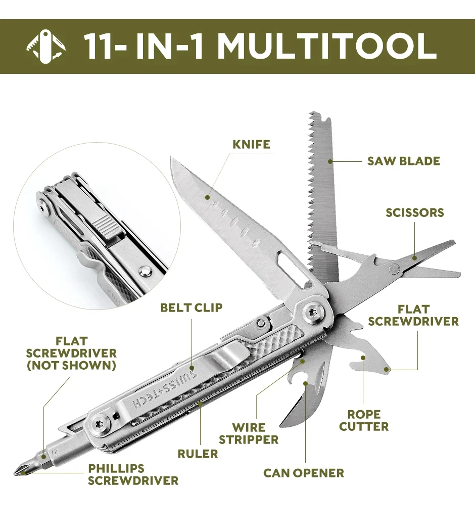 SWISS TECH 11 in 1 Scissors Screwdriver Mini Utility Knife Outdoor Portable Survival Camping EDC Tools Gadgets