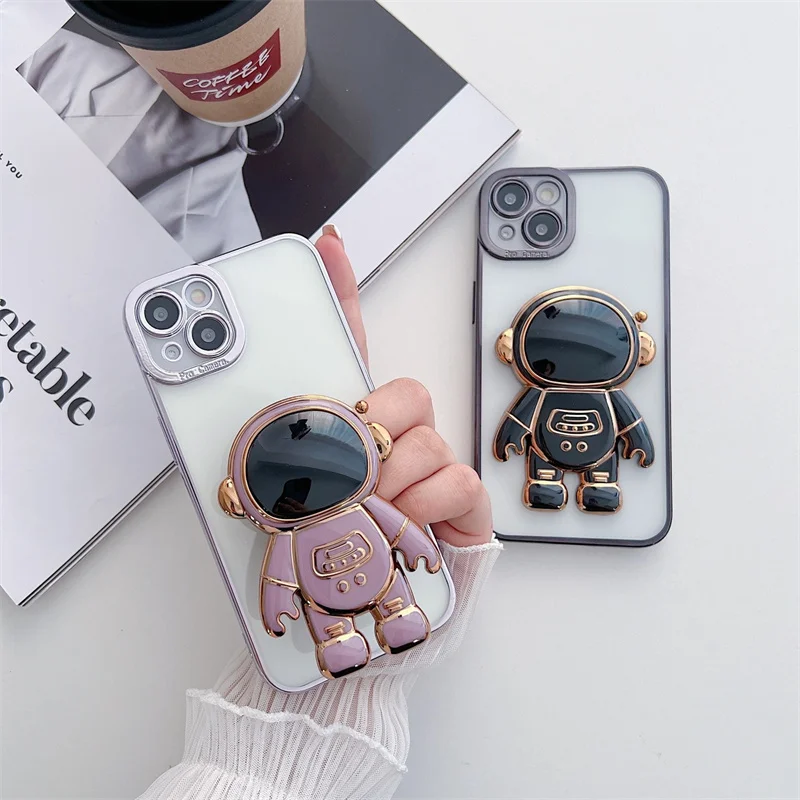 

Universal Cartoon Astronaut Phone Case Desktop Foldable Back Sticker Lazy Stand Convenient Portable Plating Phone Holder Stand