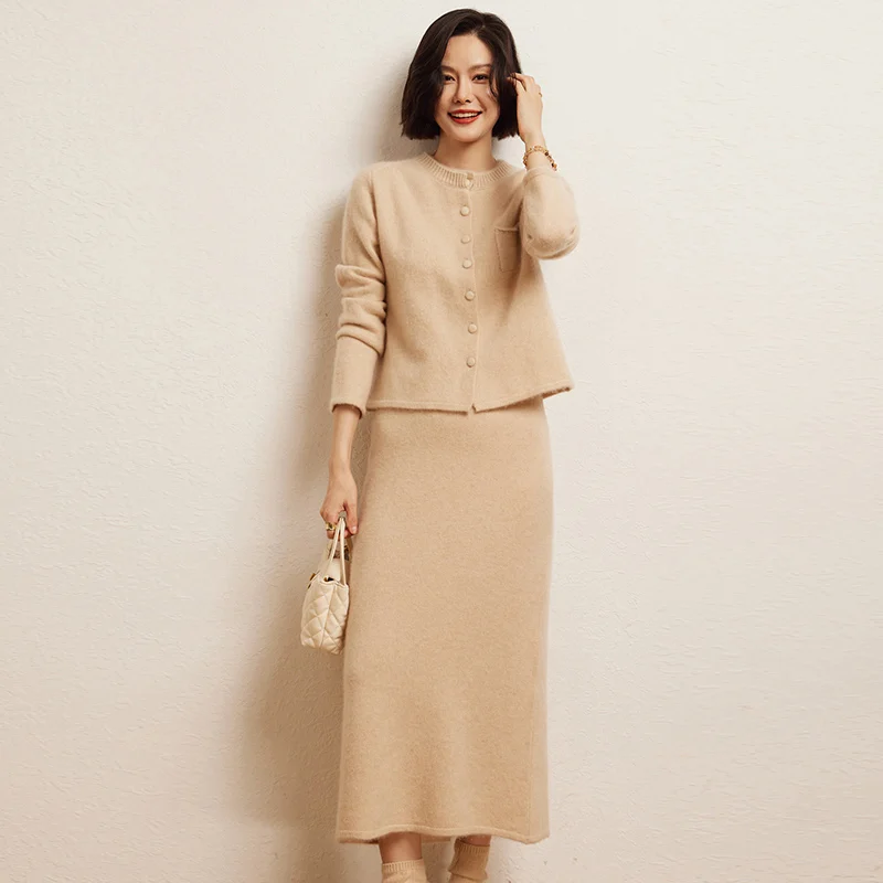 Women's Matching Set 100% Pure Cashmere Single Breasted Cardigan Jacket Casual Solid Color Knitted Slim Half Skirt Two-Piece Set