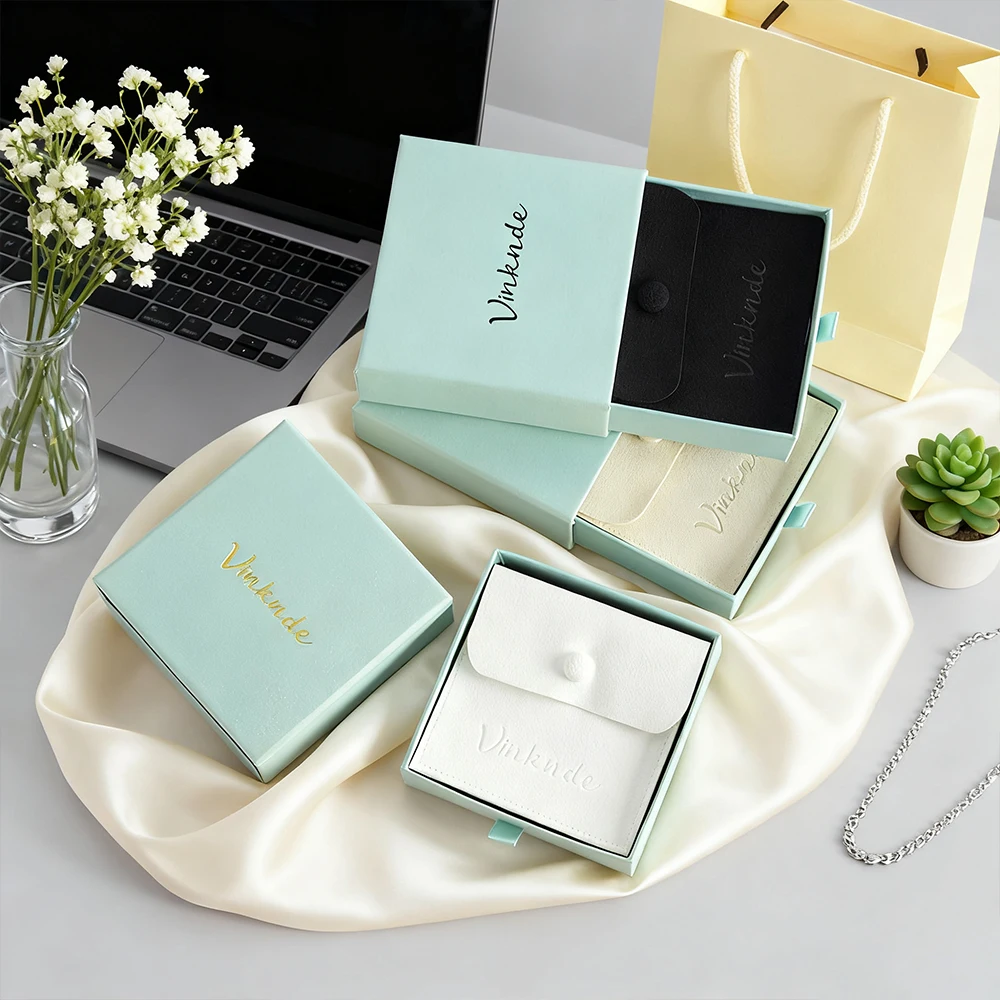 

Sliding Jewelry Box with Velvet Snap Bag Jewellry Packing Drawer Boxes Cardboard Ring Earring Necklace Gift Case Logo Custom