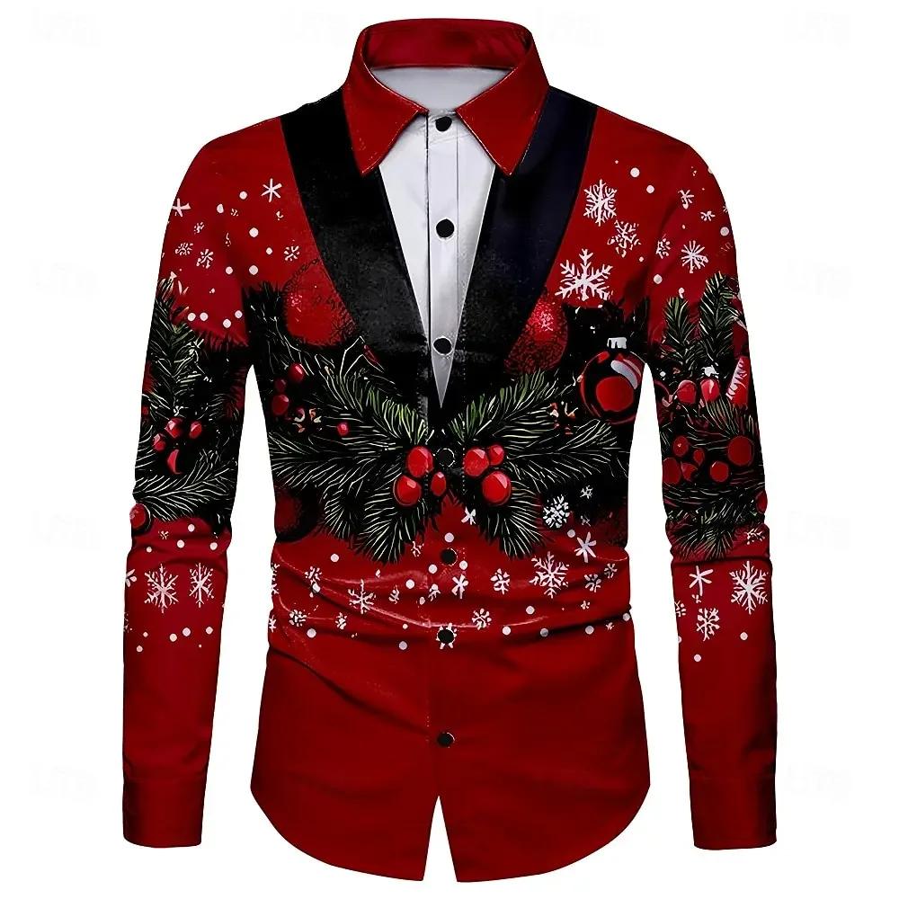Men's 9-color Christmas Funny Fake Suit 3D Printed Shirt Long-sleeved Lapel Shirt Holiday Party Holiday Outdoor Top Shirt