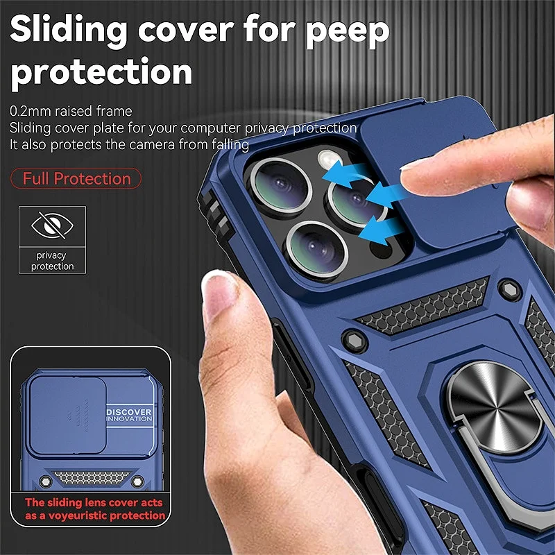 Slide Kamera Rüstung Fall für IPhone 17 16 15 14 13 12 11 Pro Max Mini XS X 7 8 Plus Abdeckung Objektiv Schutz Ring Ständer Halter Funda