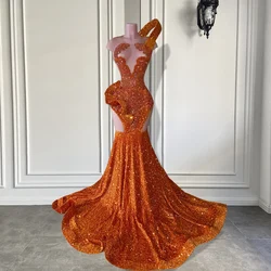 Long Orange Prom Dress 2026 Gorgeous Sexy Mermaid Sheer Mesh Sparkly Sequin Black Girls Prom Party Gowns