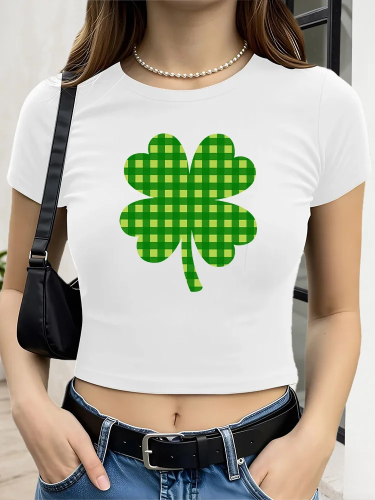 

Green Checkered Clover Women's Graphic Crop Top Slim Fit Short Sleeve T-Shirt Casual Streetwear Tee for Spring Summer