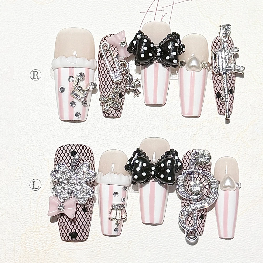 Vintage Y2K Press On Nails Pink Polka Dot Music Note Clover Lace French Handmade 3D Pearl Crown Bow Glitter Fake Nails view 5