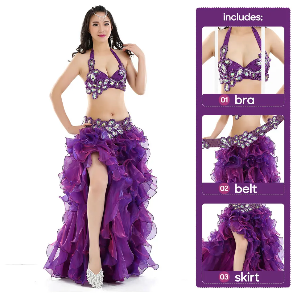 Belly Dance Costume 3 Pieces Set Handmade Bra Belt & Skirt  3 Color Options Practice Clothes For Adult Women Stage Performance