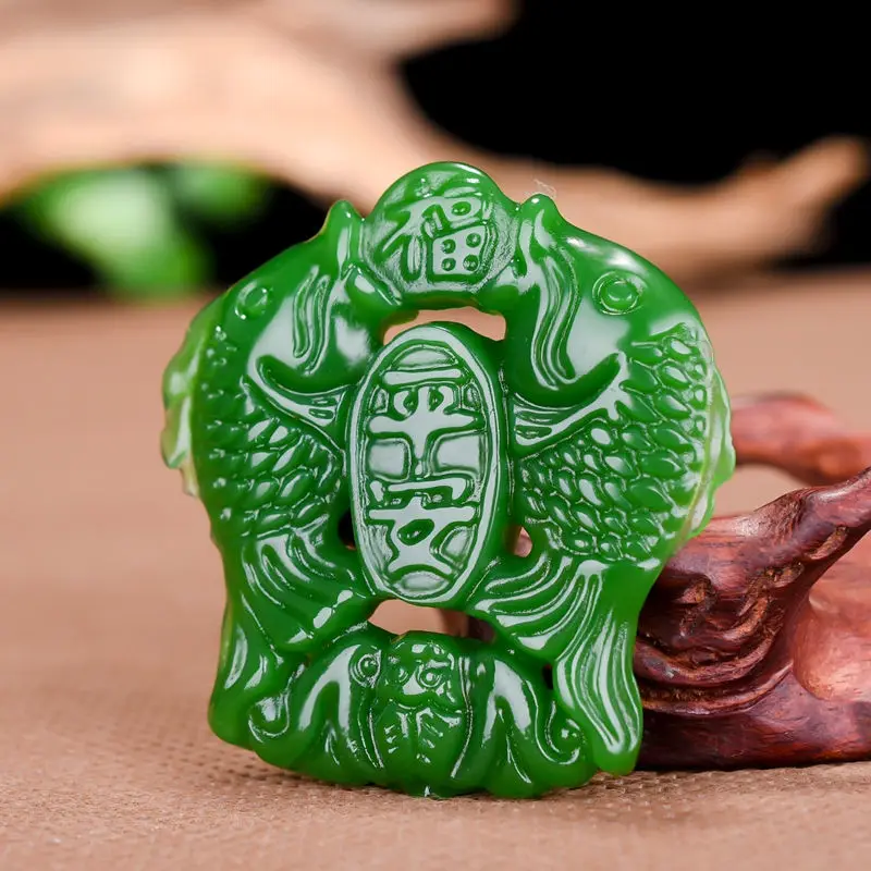 

Spinach Green Handmade Carved Pisces Jade Pendant Fashion Boutique Jewelry Men's and Women's Fish Necklace Jewelry