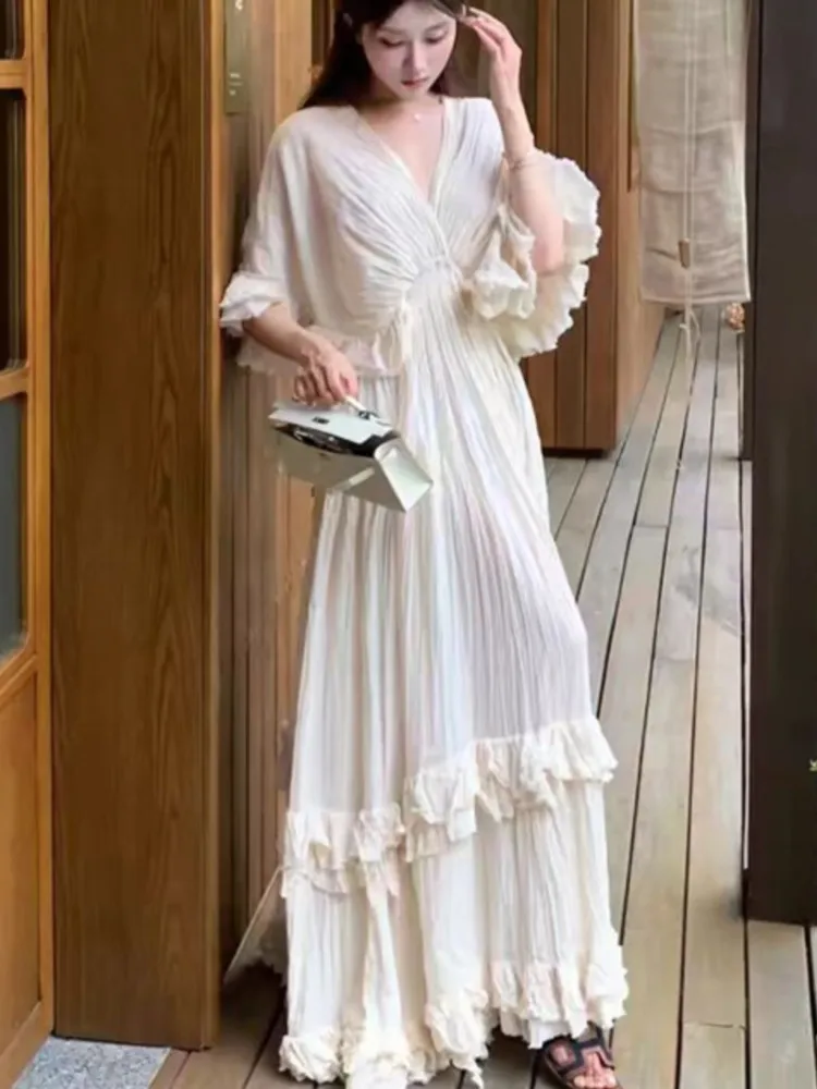 

Women's Ruffles Midi Party Dress French V-Neck Short Sleeves Long Dresses Beach Holiday Vestidos 2025 Summer Fashion New