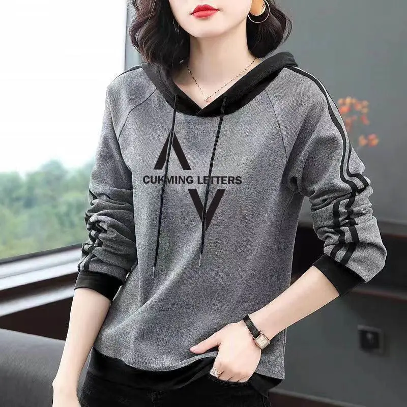 Women\'s Clothing Letter Printed Floral Sweatshirts Spring Autumn Casual Hooded Drawstring Chic Bright Line Decoration Pullovers