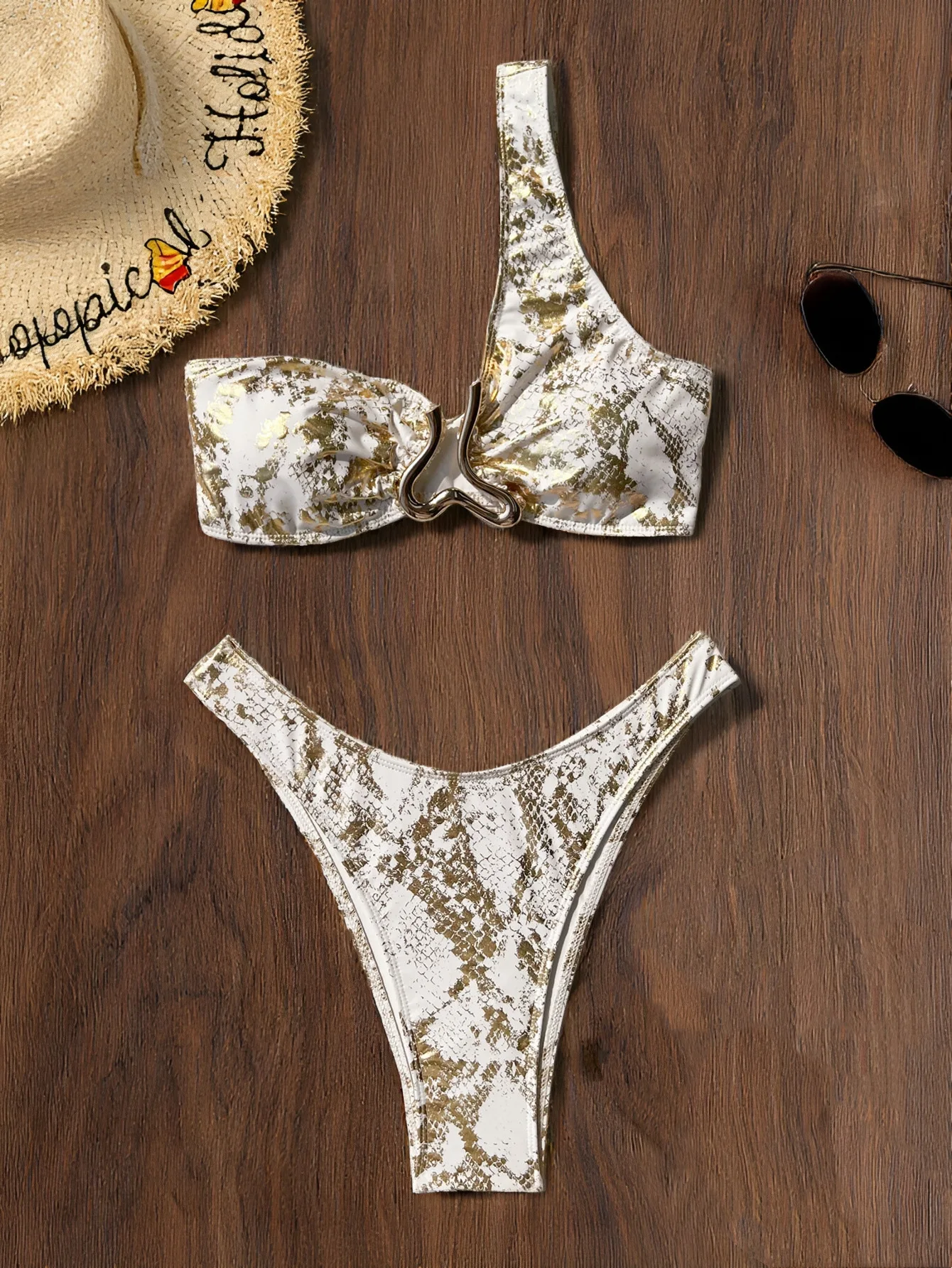 sexy metallic sanke print gillter one shoulder bikinis sets two pieces swimsuit thong bathing suit Swimwear biquini tankini