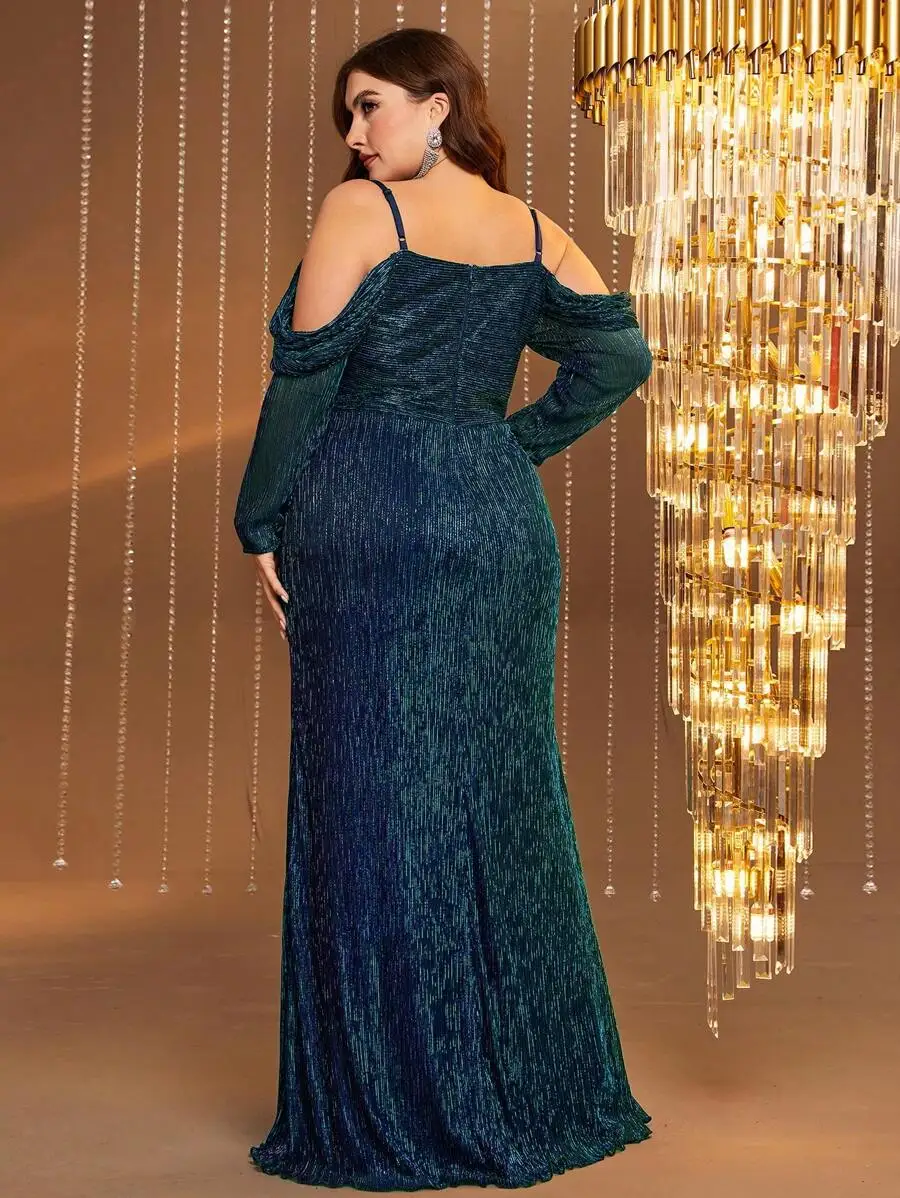 plus Size Off-Shoulder Glitter Evening Dress Long Sleeve Mermaid Maxi Gown High Slit Formal Party Wedding Guest Dress view 3