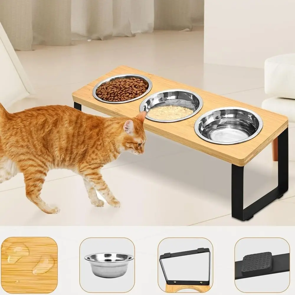 Mangkuk Kucing Kayu Anti Selip Berdiri Piring Makan Air Anjing Anti Bocor Anti Bocor dengan 3 Mangkuk Mangkuk Hewan Peliharaan Yang Ditinggikan untuk Memberi Makan Hewan Peliharaan