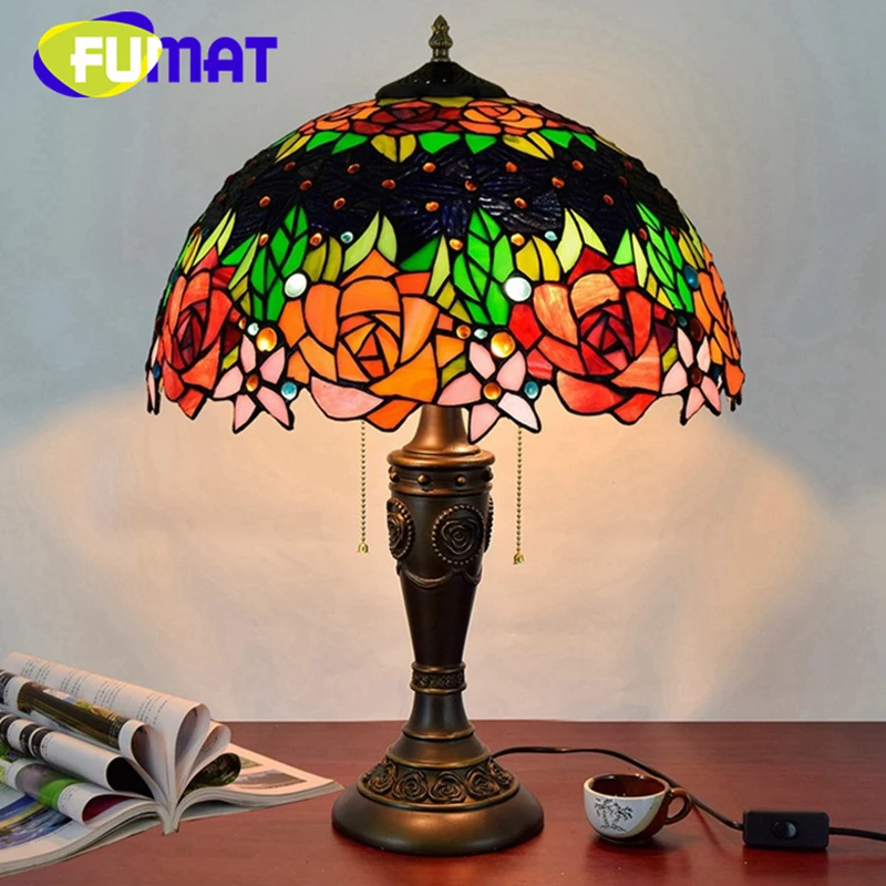 FUMAT Tiffany Table Lamp Vintage Style Bedroom Den stained glass hand-decorated exquisite double-headed reading table lamp