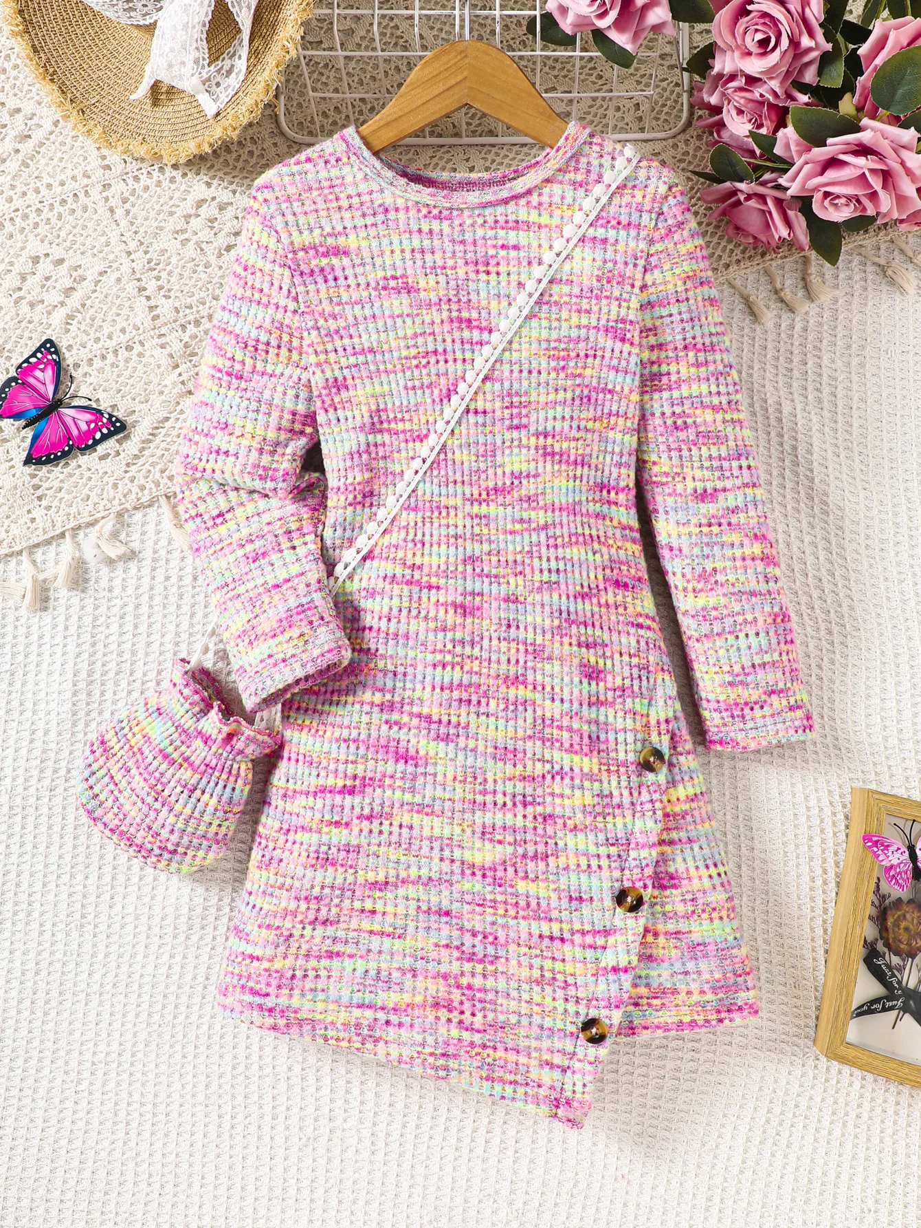 New autumn and winter collection of girls\' long sleeved dresses, small bags, accessories, knitted fabric, rainbow colors, soft a