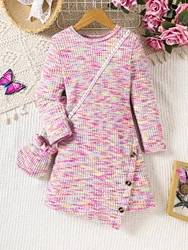 New autumn and winter collection of girls' long sleeved dresses, small bags, accessories, knitted fabric, rainbow colors, soft a