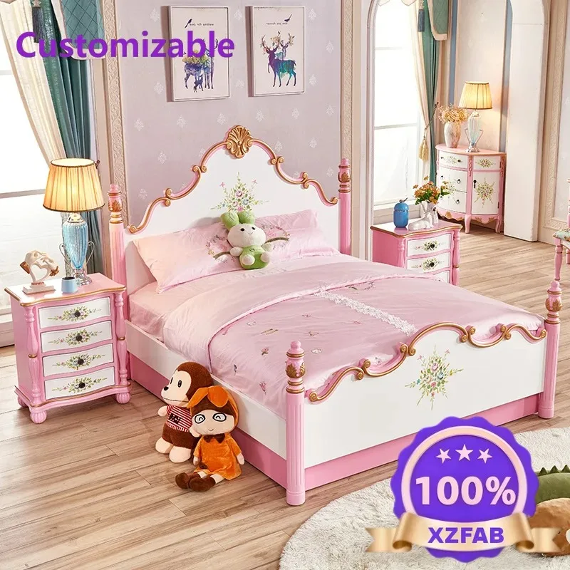 Factory Direct 2026 Girl pink painted solid wood bed girl bed master bedroom European double bed 1.81.5 meters