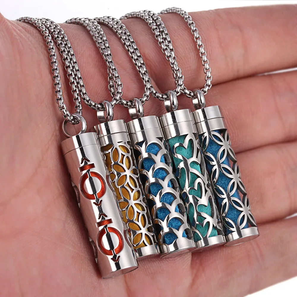 Aromatherapy Pendant Essential Oil Bottle Stainless Steel Hollow Cylindrical Corrugated Couple Necklace Aromatic Jewelry