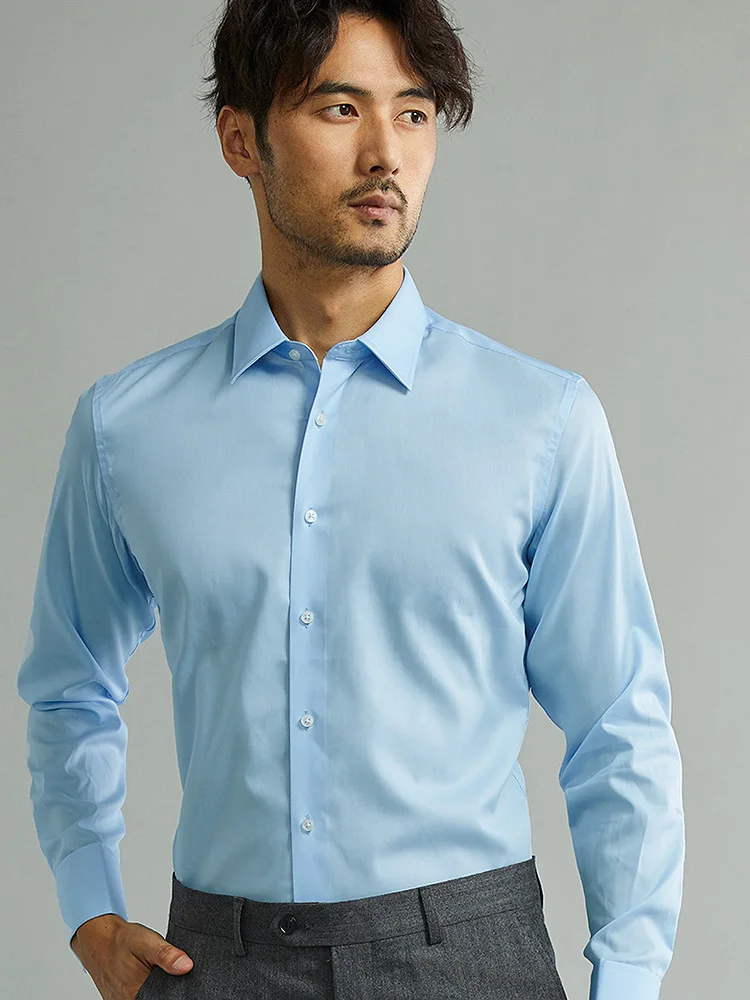 100% Cotton Men Suit Shirt Light Blue Slim Fit High Quality Wedding Groom Businessman Daily Wear Vintage Clothing Full Sleeve 44