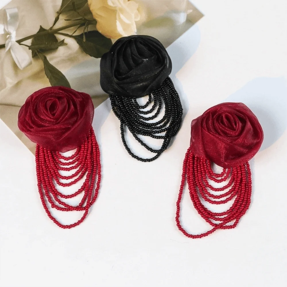 Ins DIY Organza Rose Flower Handmade Mesh Chest Flower Bead Tassel Clothing Patches Hair Clip Accessories