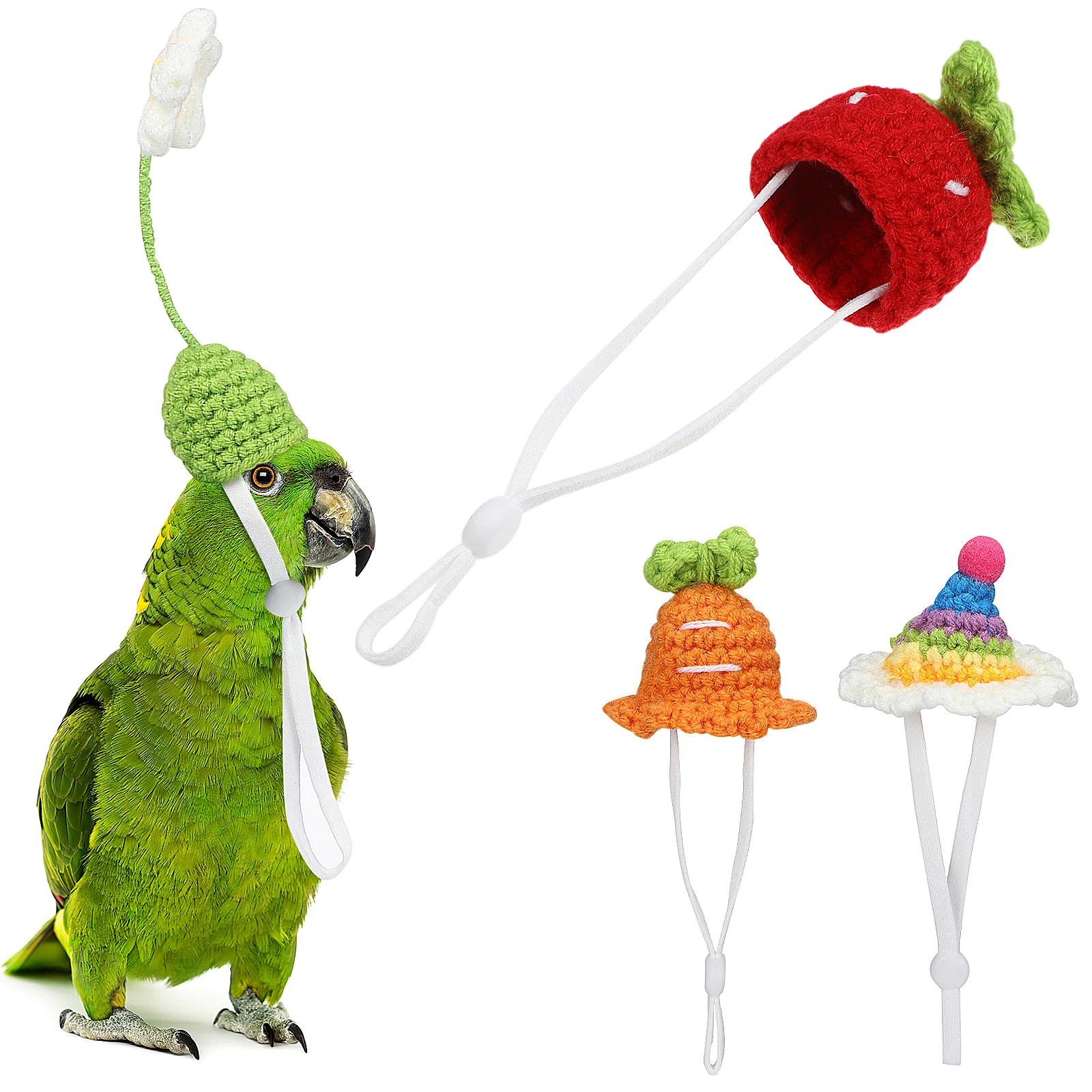 

4pcs Mini Knitted Hats for Small Pets Adjustable Rope Carrot Strawberry Design Pet Party Christmas Gift Pet Supplies