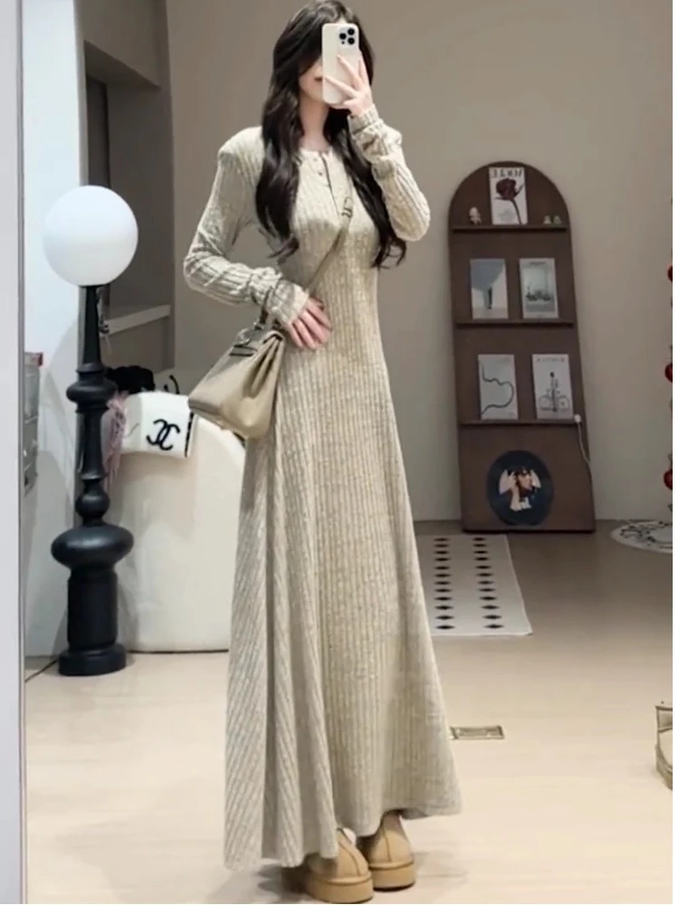 Ele cintura alta de malha dr feminino fino ajuste camada base inverno faion coreano sle longo sve botão-up saia linha a