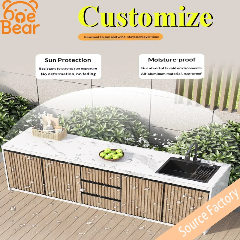 Outdoor courtyard workstation featuring rock slab and aluminum honeycomb construction; custom balcony sink and storage island.