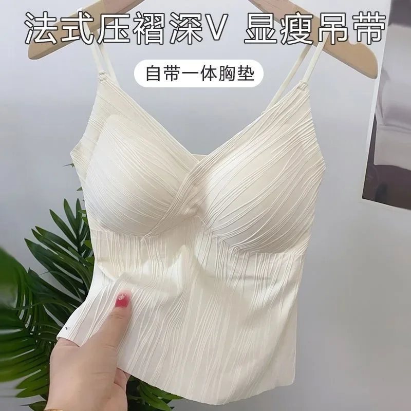 French pleated suspenders with chest pads, beautiful back underwear, women's sexy outer wear, thin backing, integrated vest bra