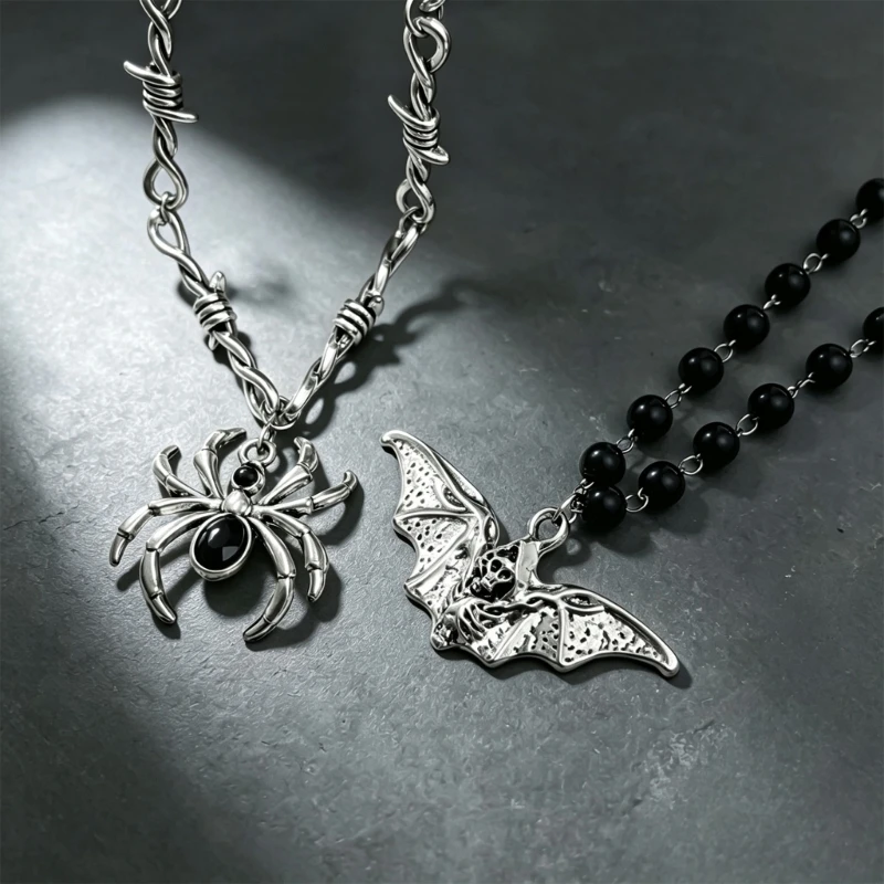 HXBF Punk-Inspired Pendant Necklace with Bat and Heart Black Beads and a Silver-Tone Chain for a Distinct Gothic Outfit Accent